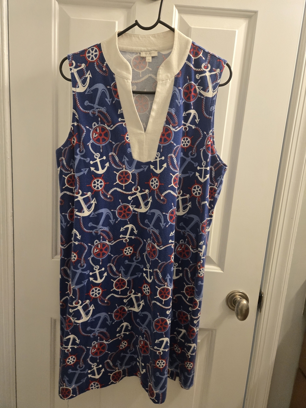 Talbots Navy Anchor Print Sleeveless Shift Dress with Cream Trim - L